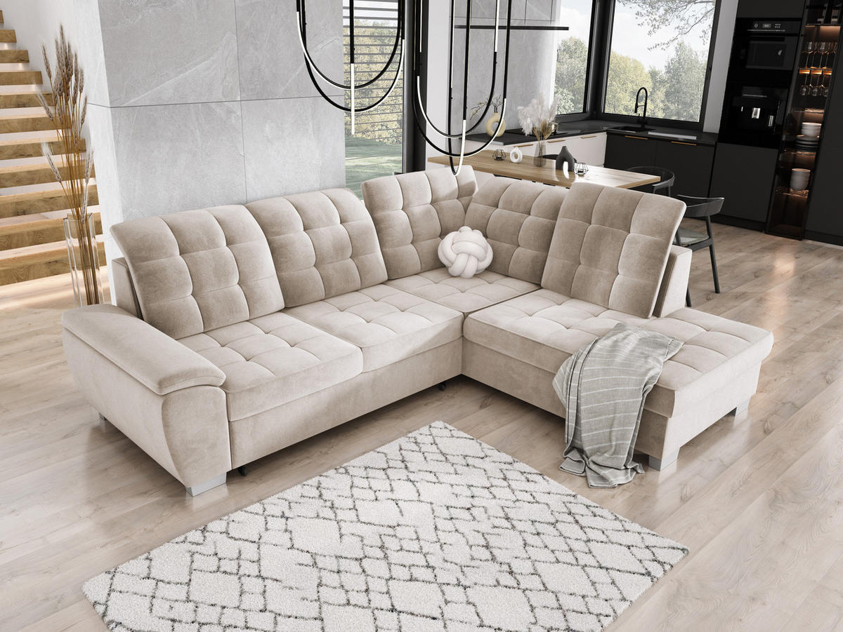 ECKSOFA LOTTA SALVADOR Bettkasten verstellbare Kopfstützen hochwertige Verarbeitung lose Rückenkissen freistehend RECHTS 258x212x106 cm Beige - Beige, Holz/Textil (258/212cm) - DomoHome