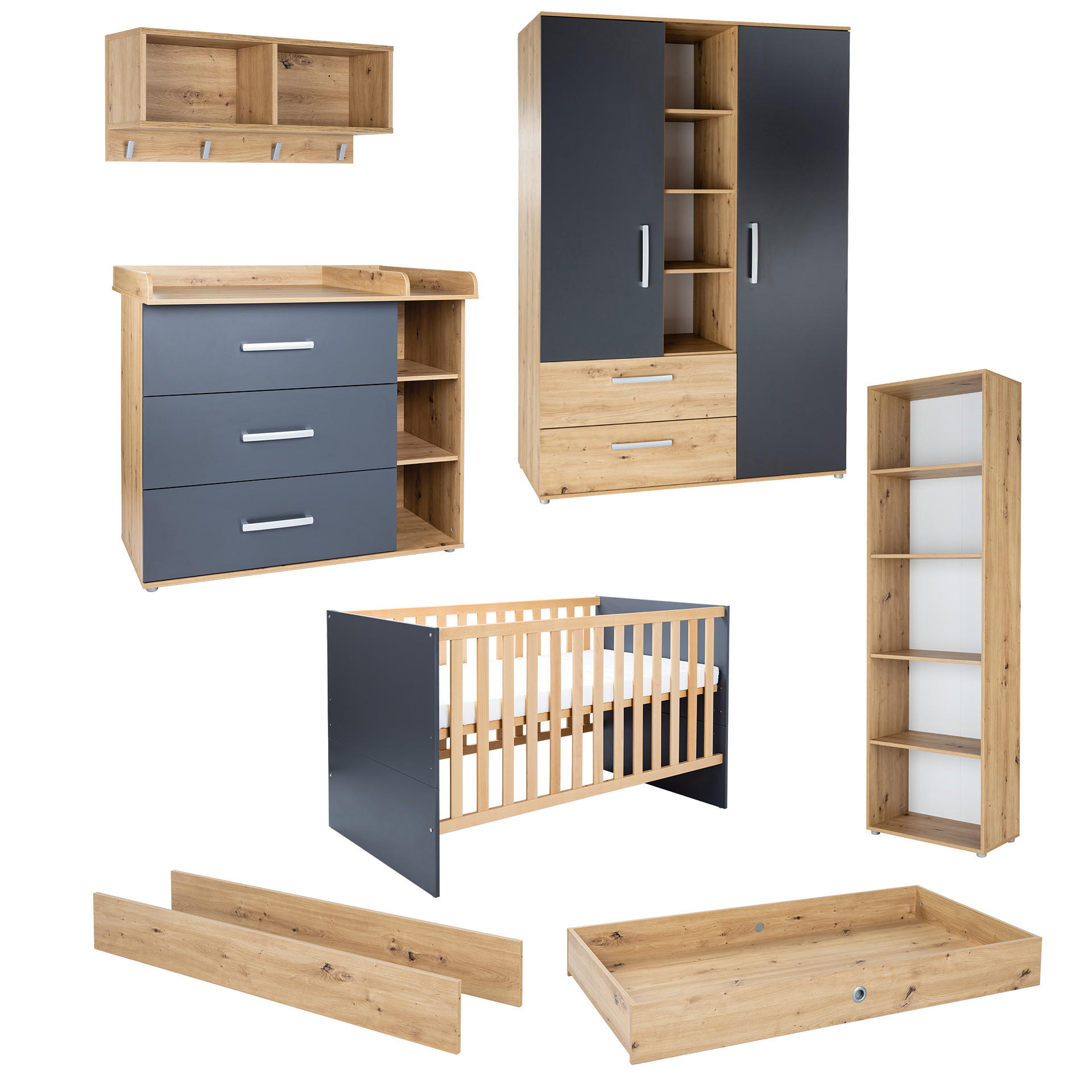 BABYZIMMER Mega-Set Alessio 7-tlg. - Anthrazit/Silberfarben, Holzwerkstoff/Kunststoff (1/1/1cm) - arthur berndt
