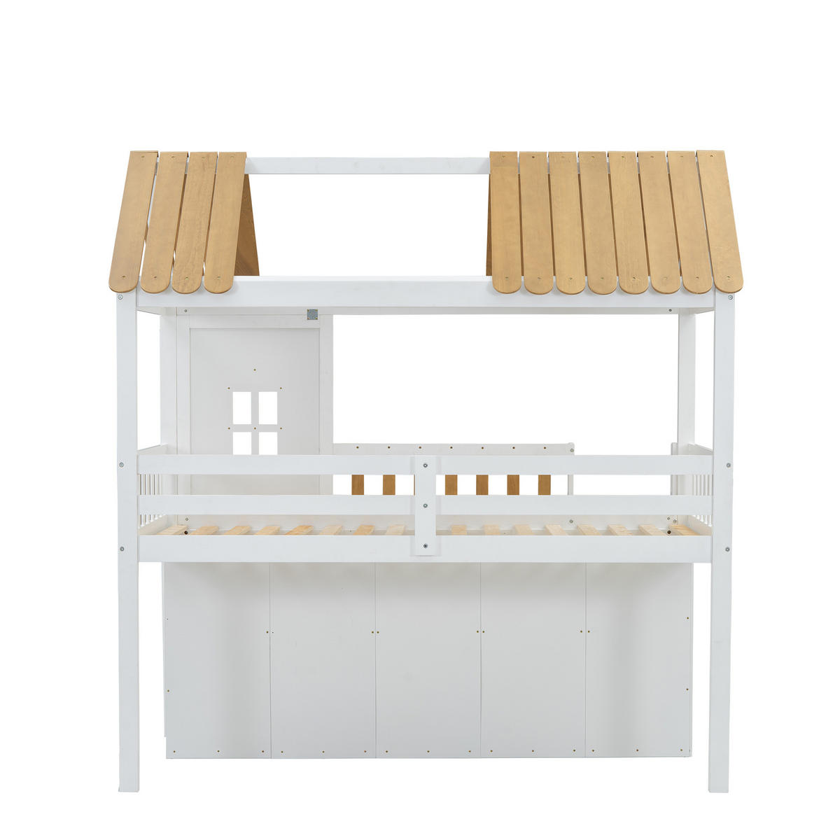 ETAGENBETT 90/200 cm in Weiß & Natur mit Schrank, Regal und Fenster aus Kiefer & MDF - Weiß/Naturfarben, Holz/Holzwerkstoff (90/200cm) - CHICFURN