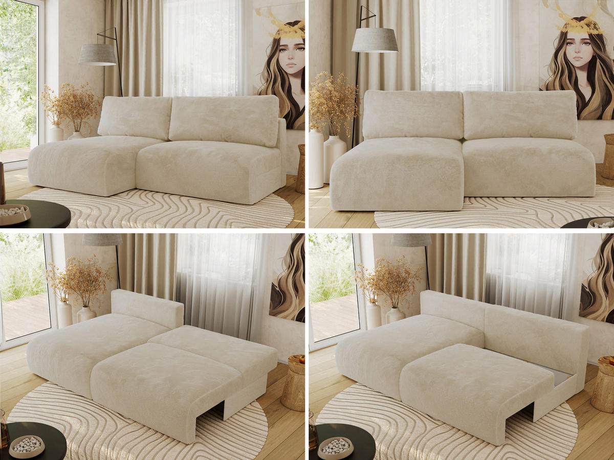 ECKSCHLAFSOFA VIVO L Creme Plüsch - links - Creme/Schwarz, Kunststoff/Textil (223/150cm) - MKS