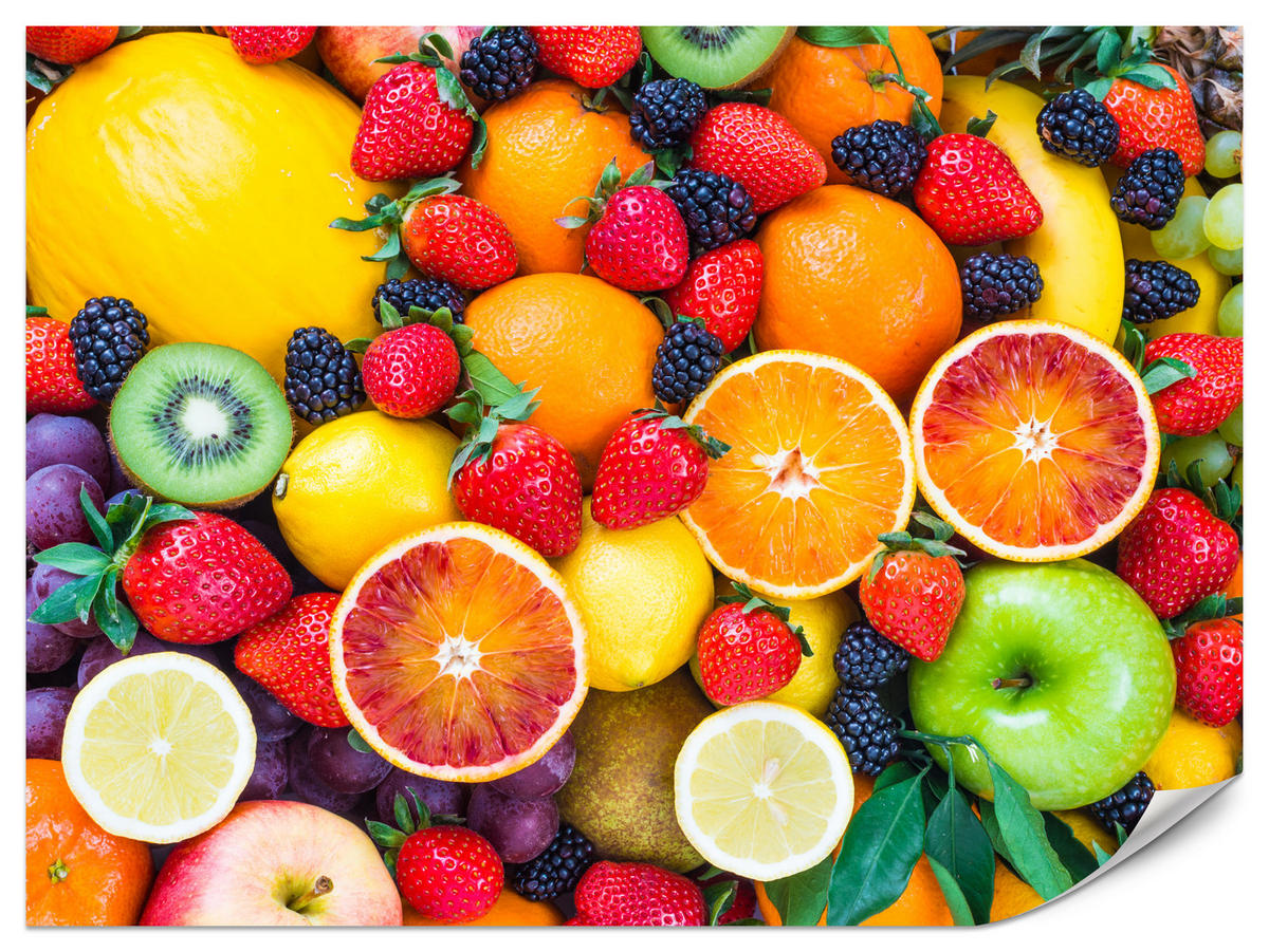 FOTOTAPETA Pre Kuchyňu Čerstvé Ovocie Jahody Pomaranče Citróny Farebná 500 x 350 cm - oranžová/žltá, papier (500/350cm) - Muralo
