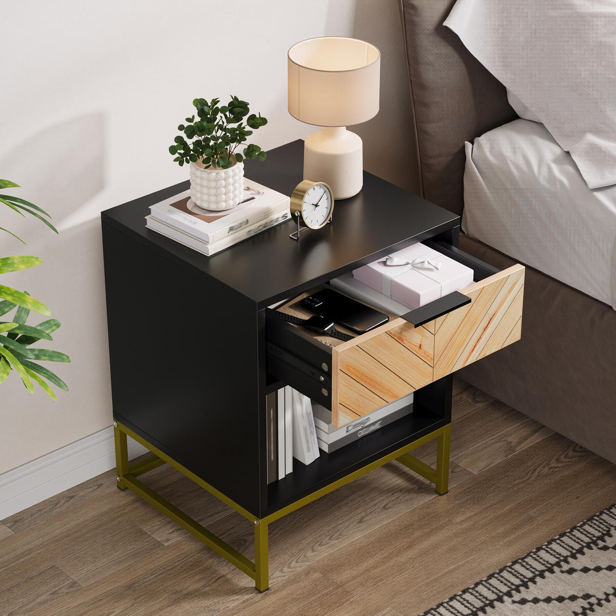 NACHTTISCH 43/40/55 cm Schwarz/Natur aus MDF mit Schublade - Hellbraun, Holzwerkstoff (40/55/43cm) - OKWISH