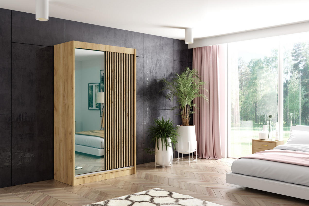 KLEIDERSCHRANK VILAN mit Spiegel - 120 cm - Eichefarben|Eiche Wotan - Eichefarben/Eiche Wotan, Holzwerkstoff (120/215/61cm) - ALTDECOR