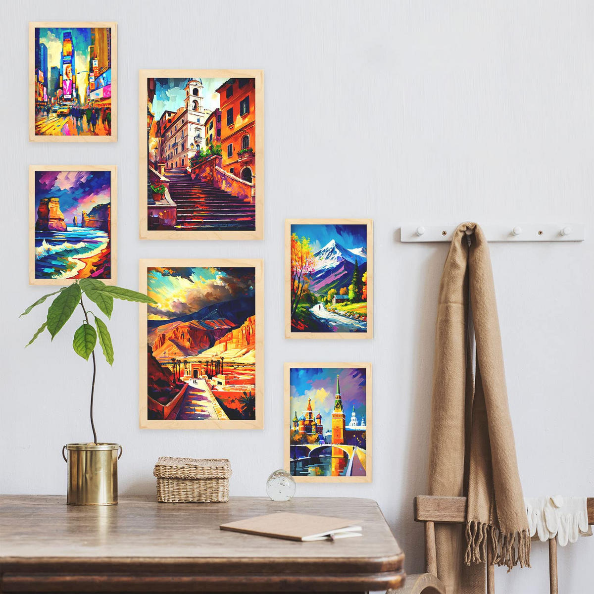 POSTER Set Mit 6 Warm Im Ölgemälde Stil A3 & A4 Rahmen Aus Hellem Holz - Beige, Papier (29/3cm) - Nacnic