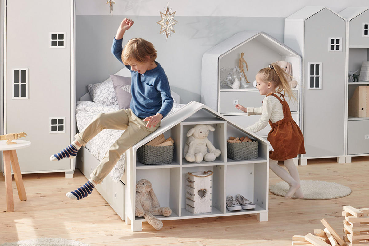 HAUSBETT MIRUM für Kinder, Weiß/Grau - Weiß/Grau, Holz (200/90cm) - KONSIMO®