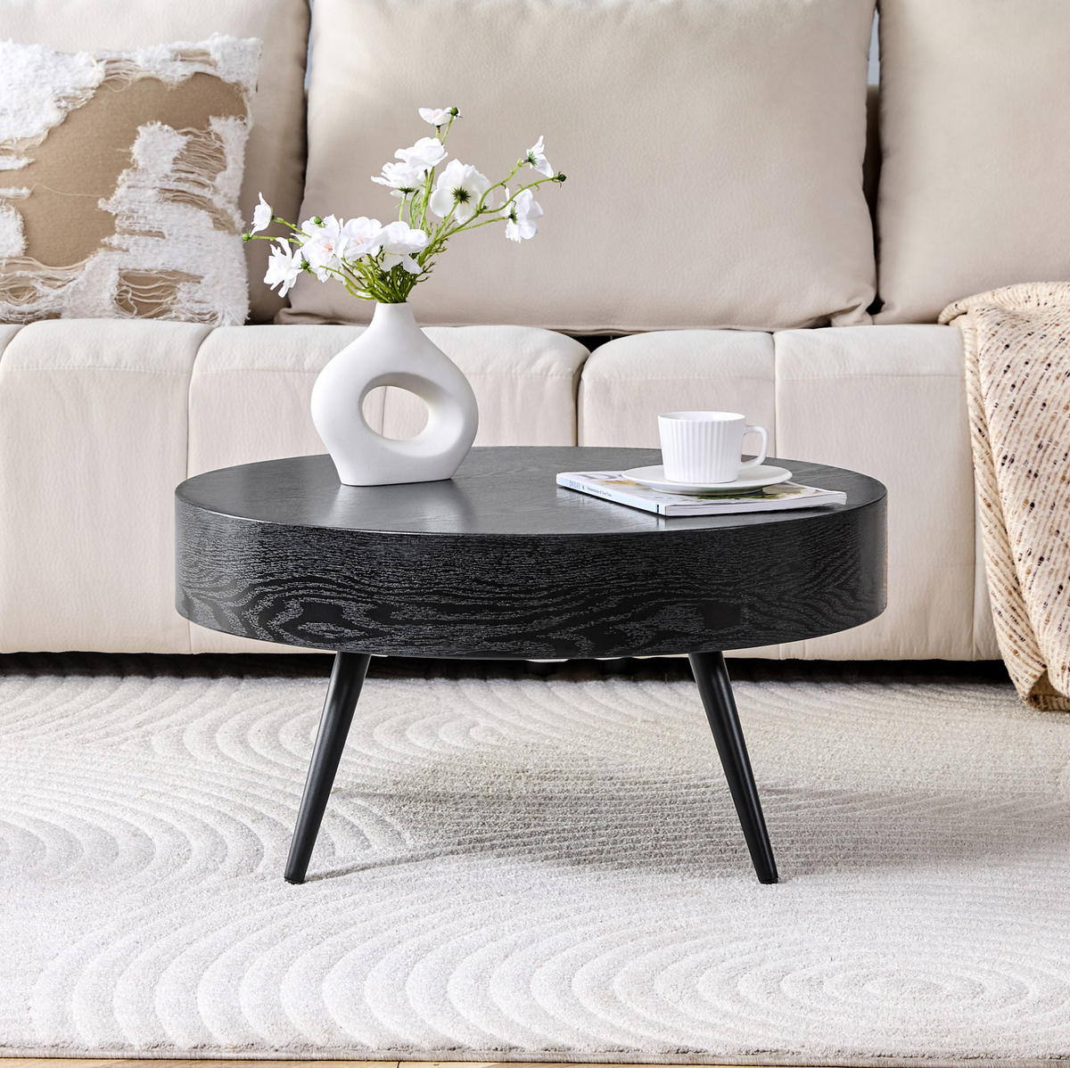COUCHTISCH 70/70/35,5 cm mit runder Tischplatte, verstellbaren Füßen und MDF-Holzoptik, Schwarz - Schwarz, Holzwerkstoff (70/70/35.5cm) - Redom