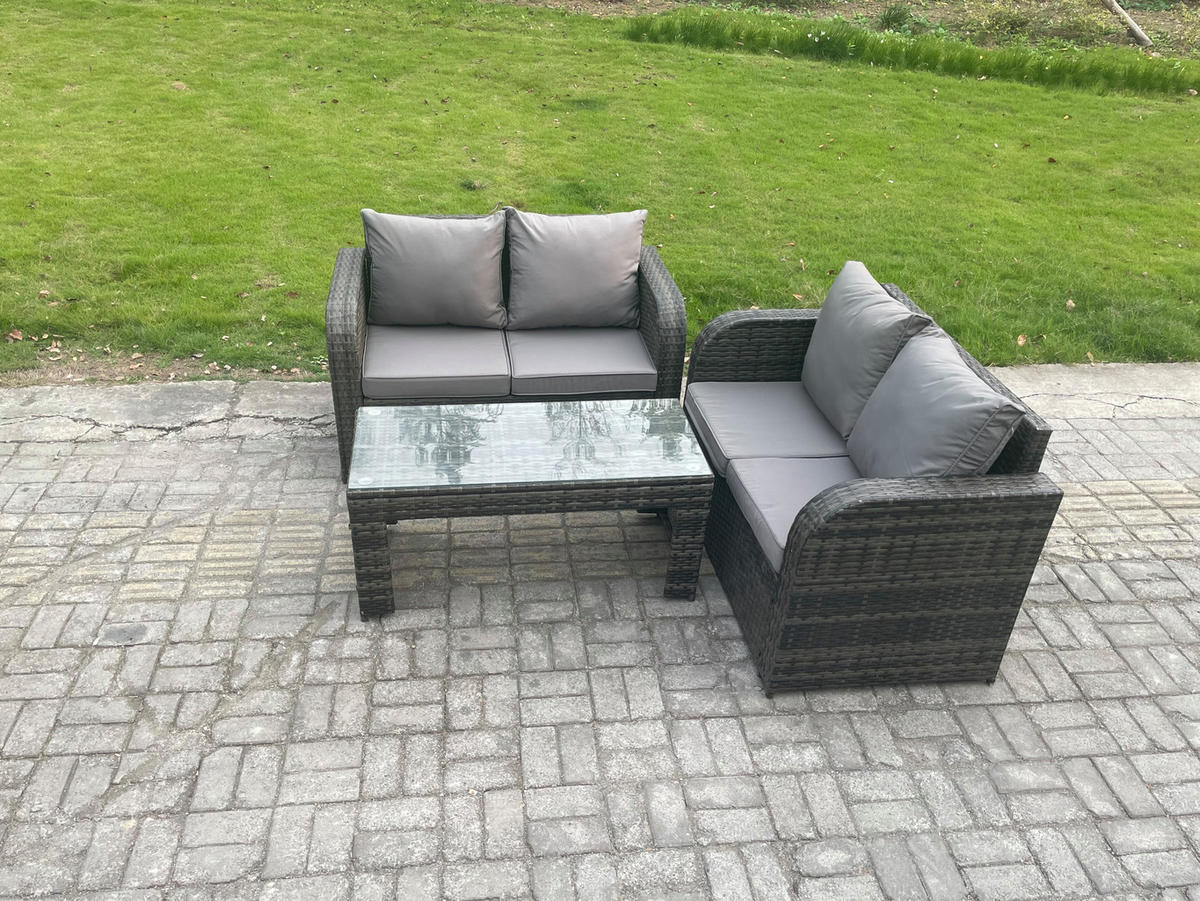GARTENMÖBEL SET mit Sofa Polyrattan 4-Sitzer Dunkelgrau - Dunkelgrau/Grau, Glas/Kunststoff - Fimous