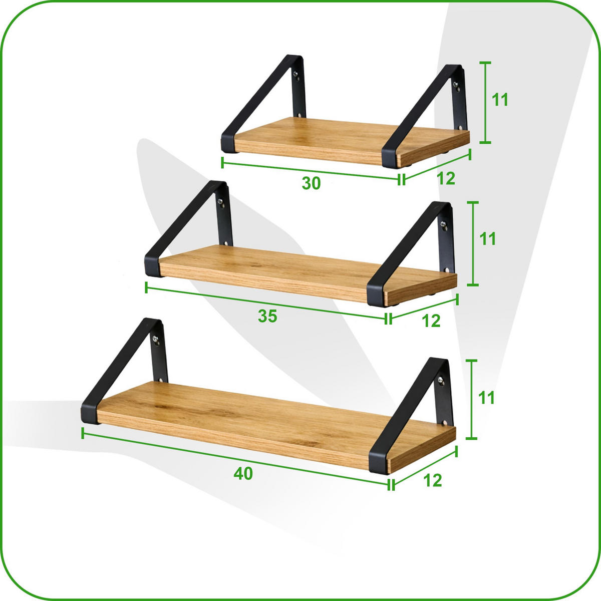 WANDREGAL Holzoptik Metall Eichefarben Schwarz SET 3 STK 40x12x11 cm 35x12x11 cm 30x12x11 cm - Eichefarben/Schwarz, Holzwerkstoff/Metall (12/11/40cm) - Begryf