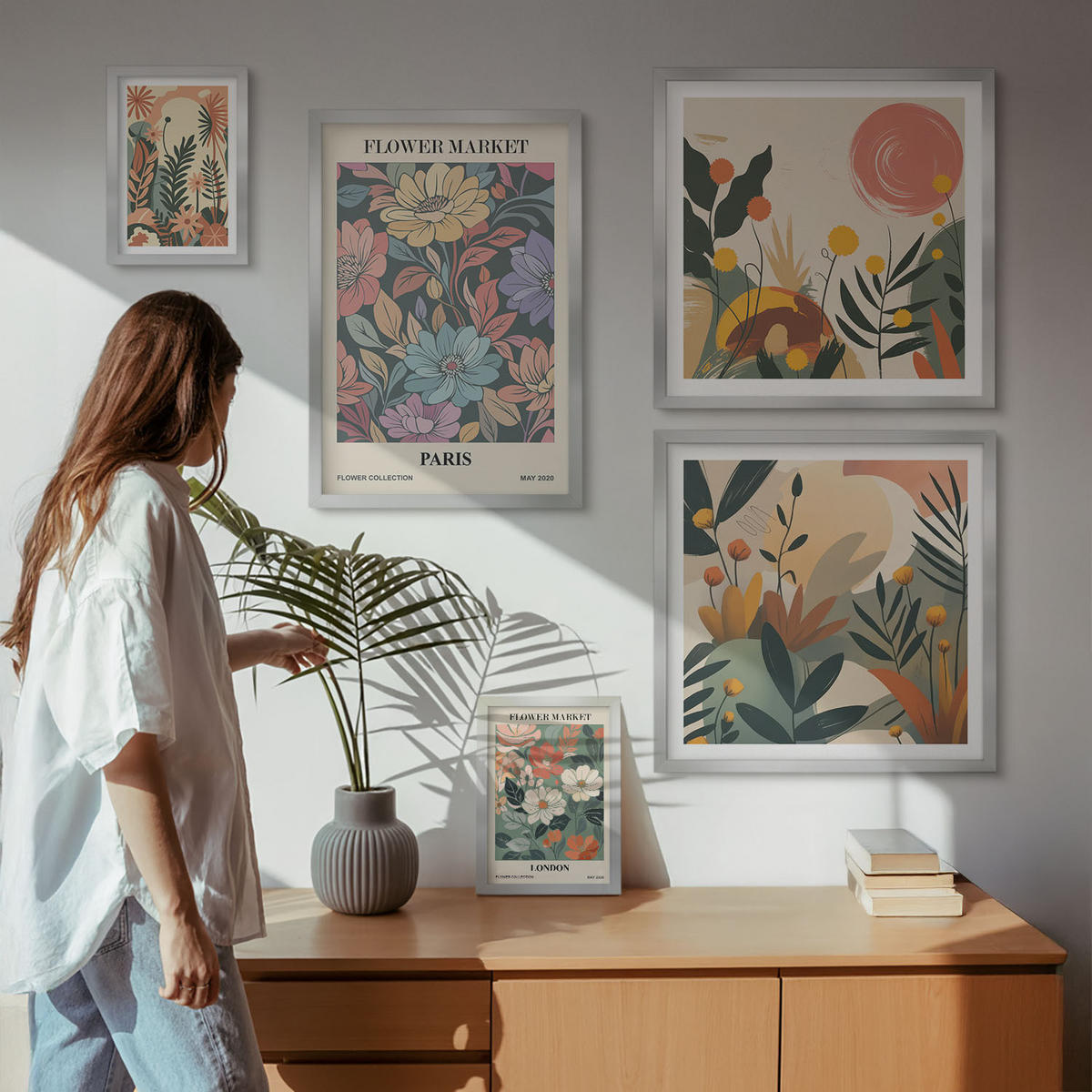 BILDER SET 5er Set - 50x50 cm & 20x30 cm & 40x60 cm Silberner Rahmen - Blumenposter Weinstadt - Silberfarben, Kunststoff (40/60cm) - TULUP