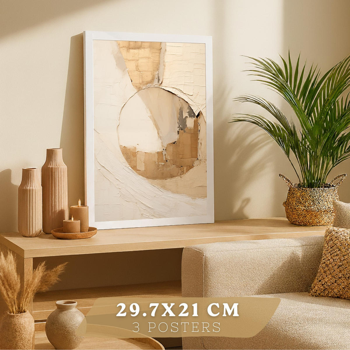 PLAKAT Sada 3 Abstrakt Béžová A3 Bílý rám - bílá, papír (29.7/1/42cm) - Nacnic