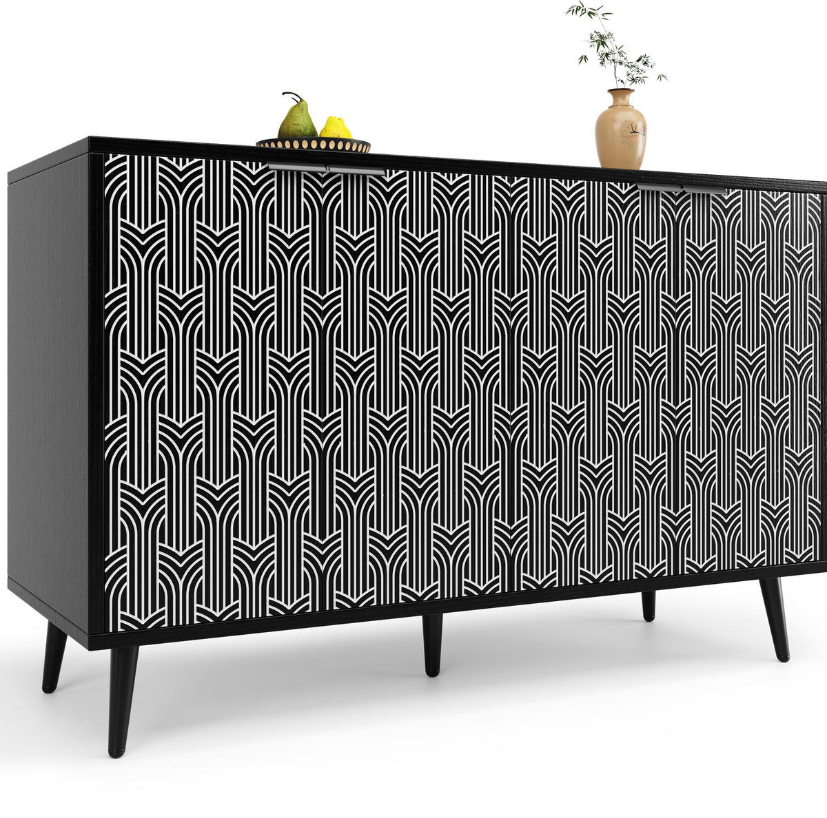 SIDEBOARD 120/35/78 cm mit 2 Türen, Metallbeinen und geometrischer Front - Schwarz, Holzwerkstoff (120/78/35cm) - BEAOK