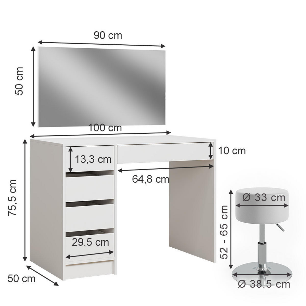 SCHMINKTISCH Thalia Weiß 100 cm mit Hocker - Weiß, Holzwerkstoff (100/75.5/50cm) - Vicco