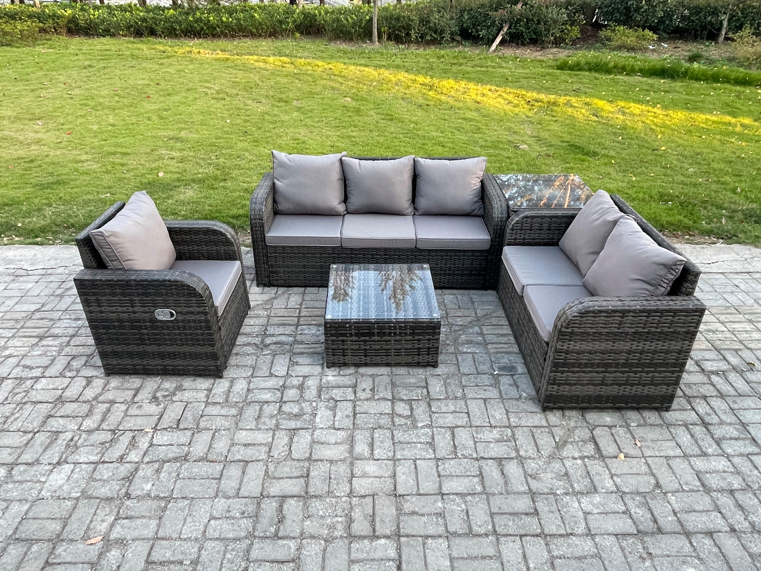 GARTENTISCHGRUPPE Polyrattan Dunkelgrau 5-teilige - Dunkelgrau/Grau, Glas/Kunststoff - Fimous