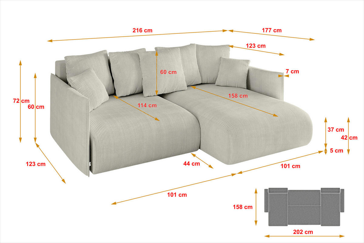 ECKSOFA Ottomane rechts ONESK-L 216x177x72 Hellgrau Cord - Ecru/Hellgrau, Holzwerkstoff/Kunststoff (177/216cm) - ALTDECOR