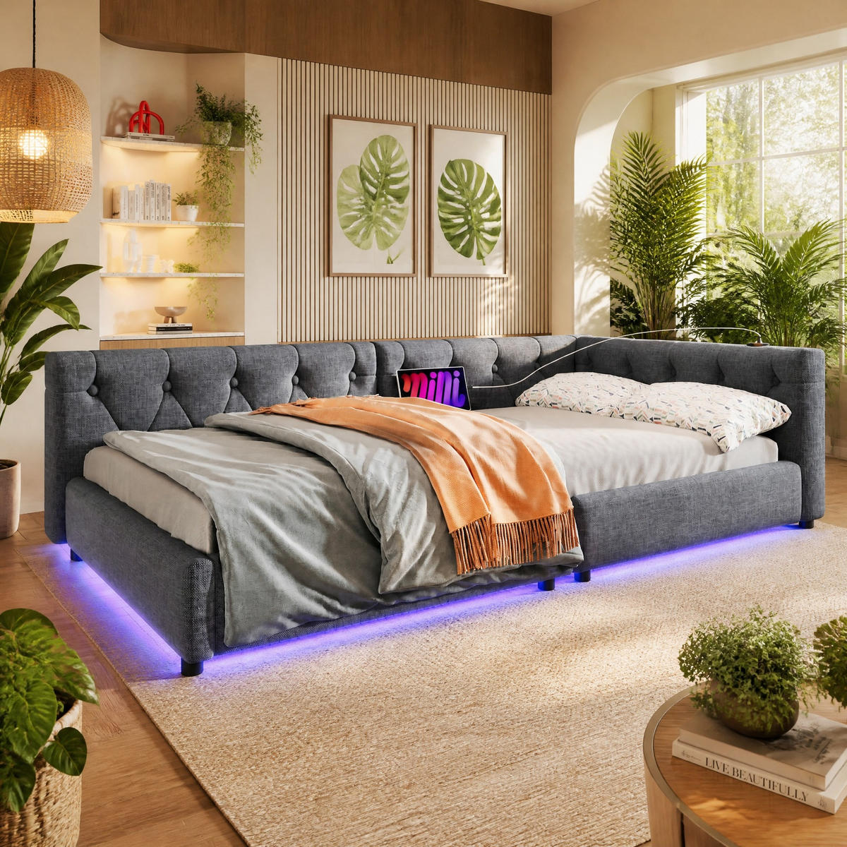 POLSTERBETT 90/200 mit LED, USB, Type-C und Knopftuft-Kopfteil in Grau - Grau, Holzwerkstoff/Textil (90/200cm) - EVRYAE