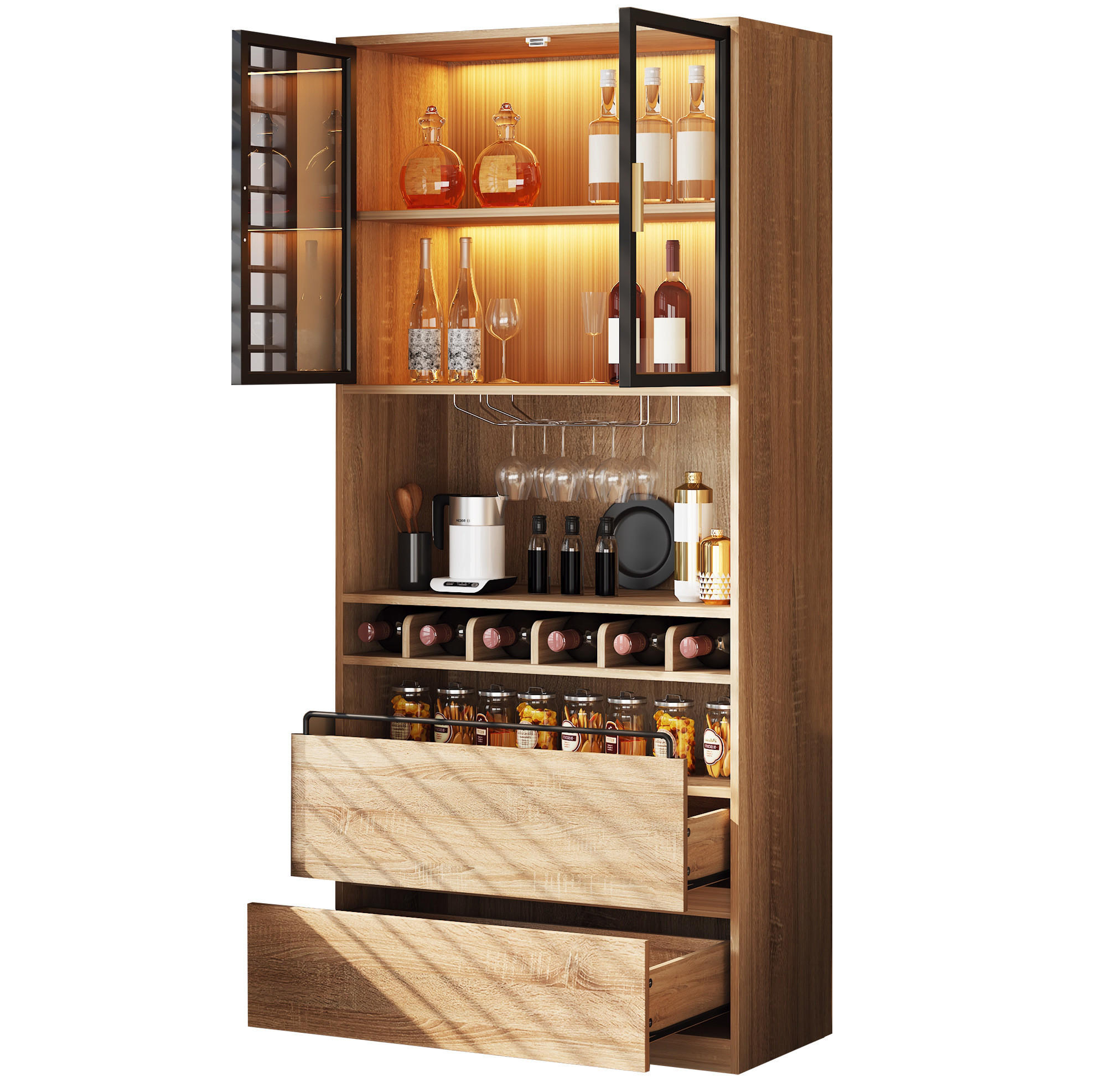 VITRINE 80x40x180 cm Naturfarben mit Glastüren & LED-Lichtleiste - Naturfarben, Holzwerkstoff (80/180/40cm) - Modfu