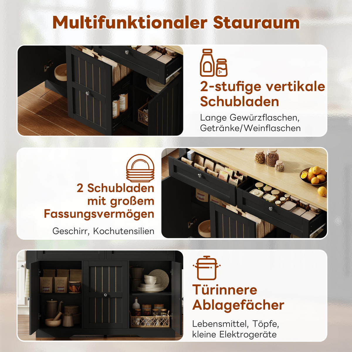 KÜCHENINSEL in Schwarz mit Holzoptik-Platte, klappbarer Arbeitsfläche und Rollen - Schwarz, Holzwerkstoff (120/92/70cm) - Urban Meuble
