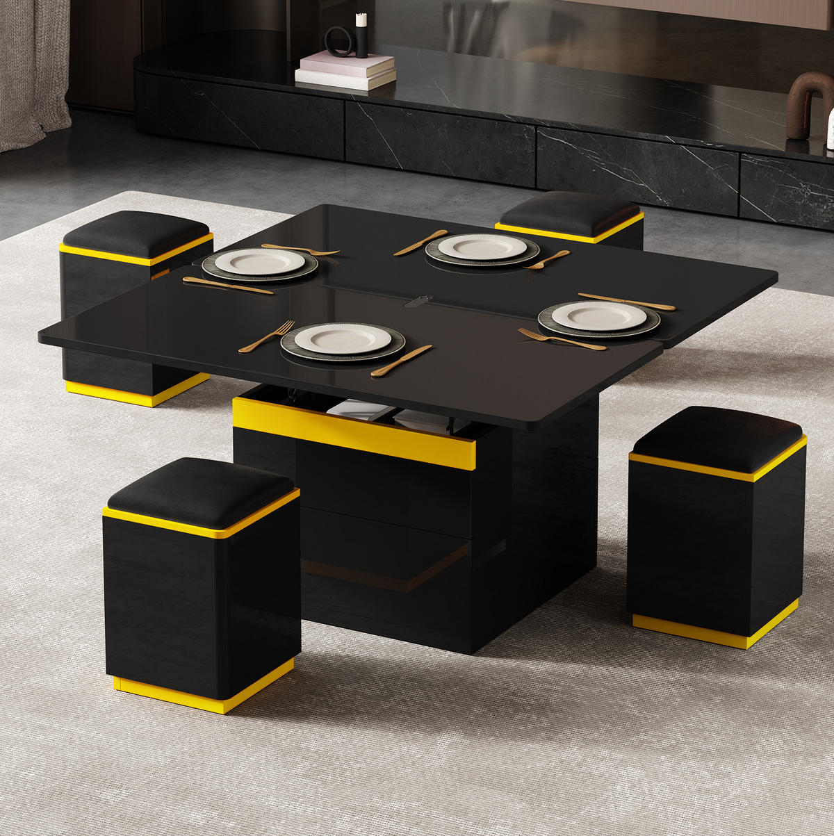 COUCHTISCH 100/50/43 cm aus MDF mit Klapp- und Hebefunktion, Stauraum und 4 Hockern, Schwarz/Gelb - Schwarz, Holzwerkstoff (100/50/43cm) - Redom
