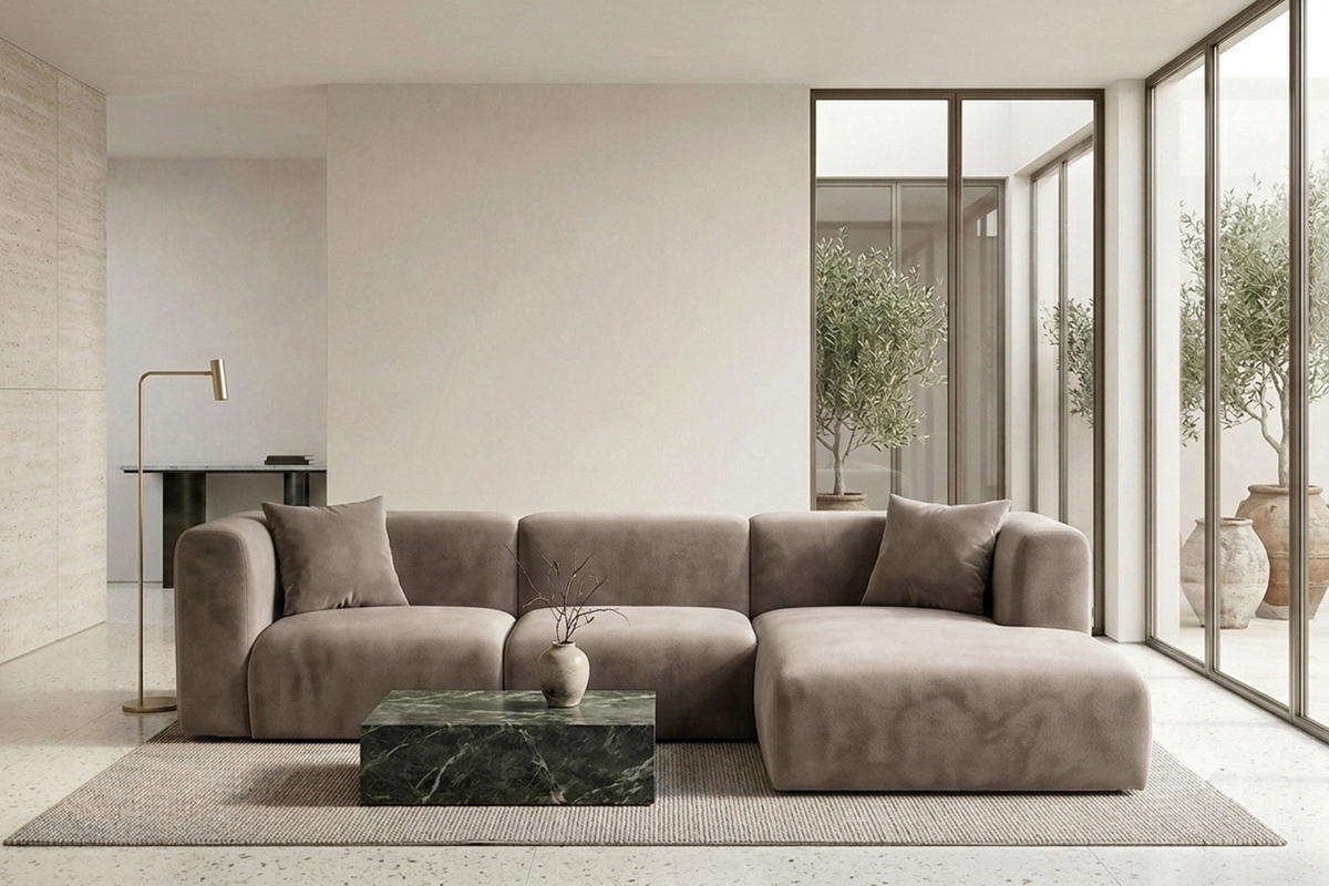 ECKSOFA L-Form, Velvet-Stoff Bluvel, Latte, Rechts, GRETA - Hellbraun, Holz (318/179cm) - Kaiser Möbel
