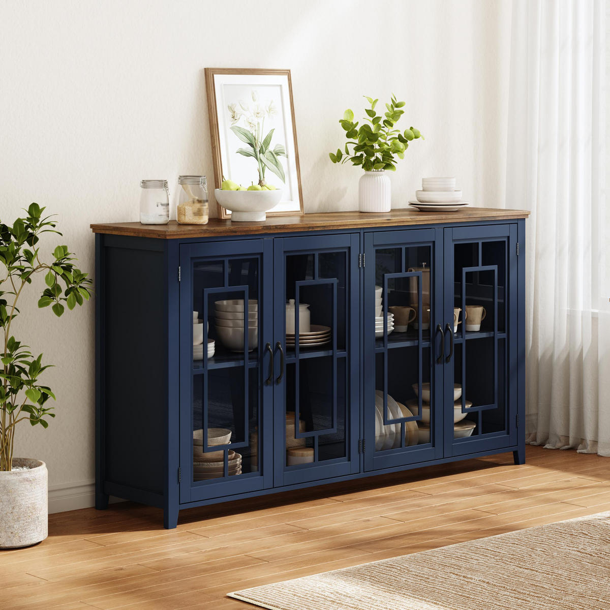 GESCHIRRSCHRANK 160 cm MDF Blau mit Glastüren und Holzoptik-Arbeitsplatte - Dunkelblau, Holzwerkstoff (40/86/160cm) - Korfee