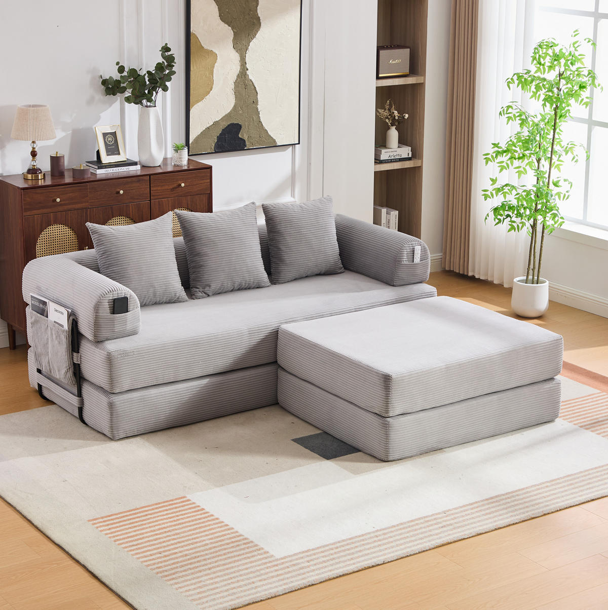 SOFA 200/190/67 cm in Hellgrau aus Cord mit Hocker - Hellgrau, Textil (190/67/200cm) - Flora Grace