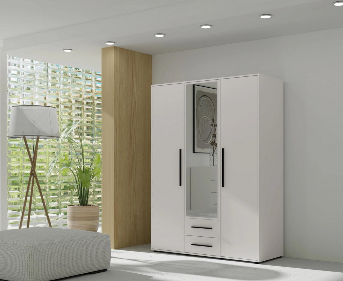 KLEIDERSCHRANK Modena 150cm mit Spiegel Weiß - Schwarz/Weiß, Holzwerkstoff/Kunststoff (150/206/59cm) - Ravio