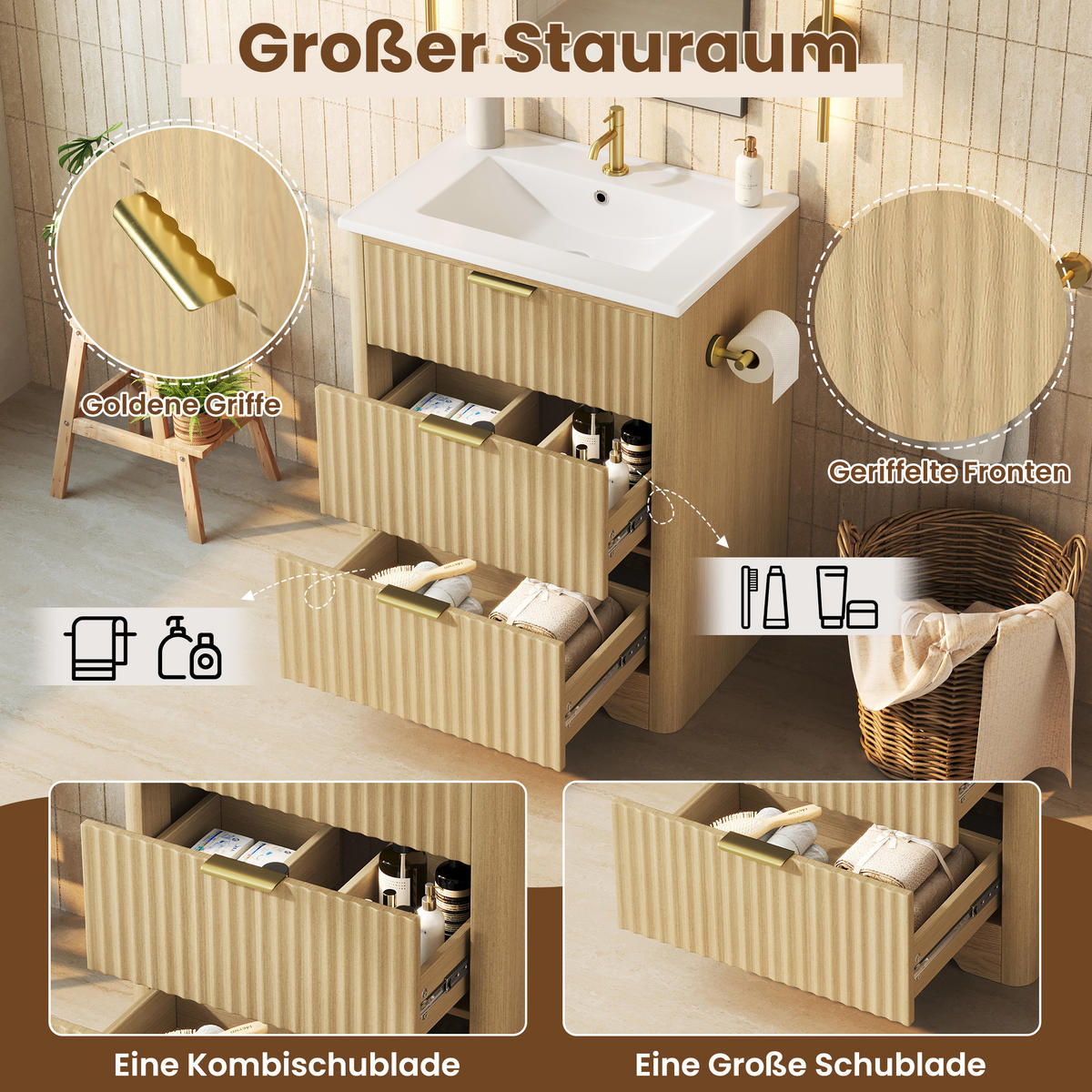 BADEZIMMERSCHRANK Holzoptik Keramik Waschbecken Schubladen 61cm - Naturfarben, Keramik (61/82/47cm) - FLIEKS