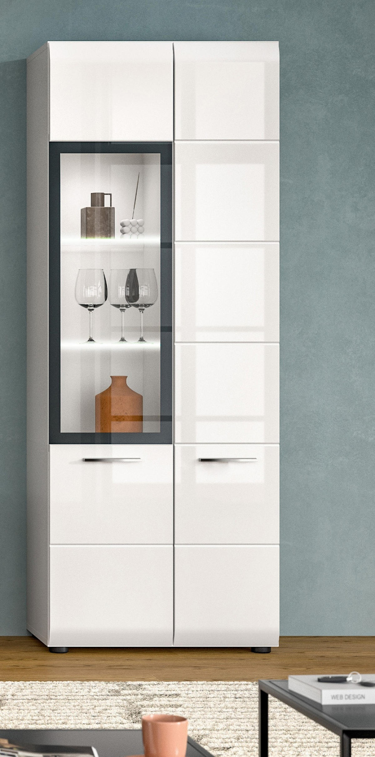 VITRINE weiß Hochglanz 60 x 160 cm, Vitrinenschrank mit 10 Fächern - Weiß Hochglanz/Silberfarben, Glas/Holzwerkstoff (60/160/34cm) - Inn.Furn