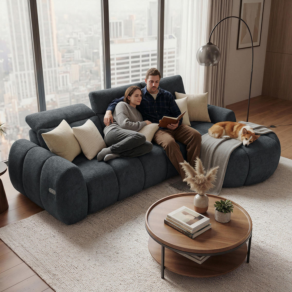 ECKSOFA Sorel Mini mit Automatisch verstellbarer Sitztiefe und Kopfstützen, rechts, Dunkielgrau - Dunkelgrau, Textil (275/190cm) - Beautysofa