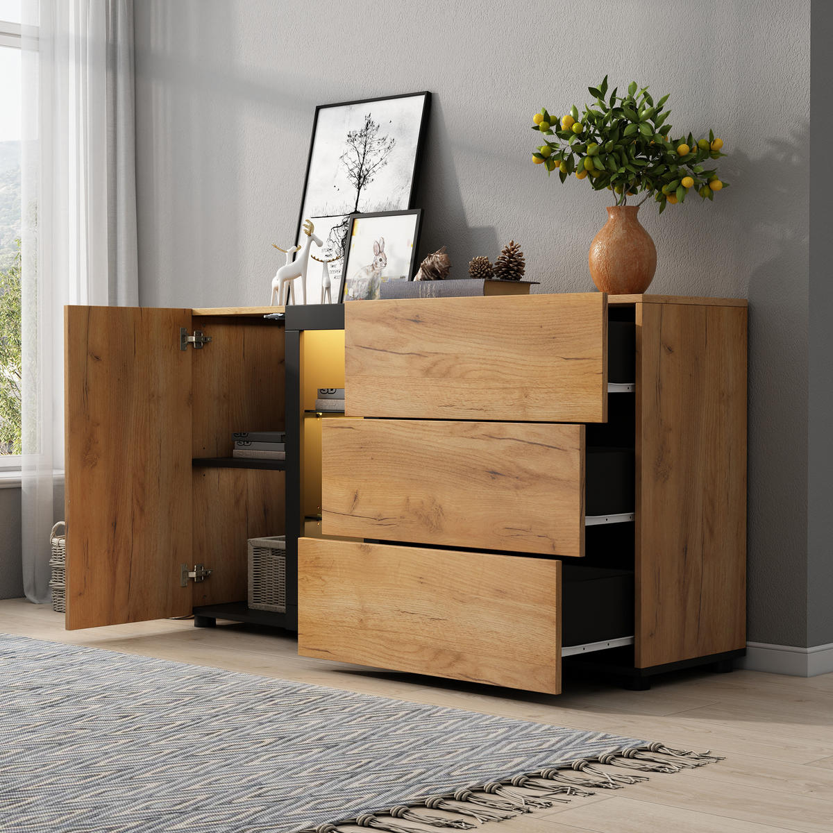 SIDEBOARD Glas 3 Schubladen 140cm Modern Stauraum Anrichte - Multicolor, Holzwerkstoff (40/80/140cm) - FLIEKS
