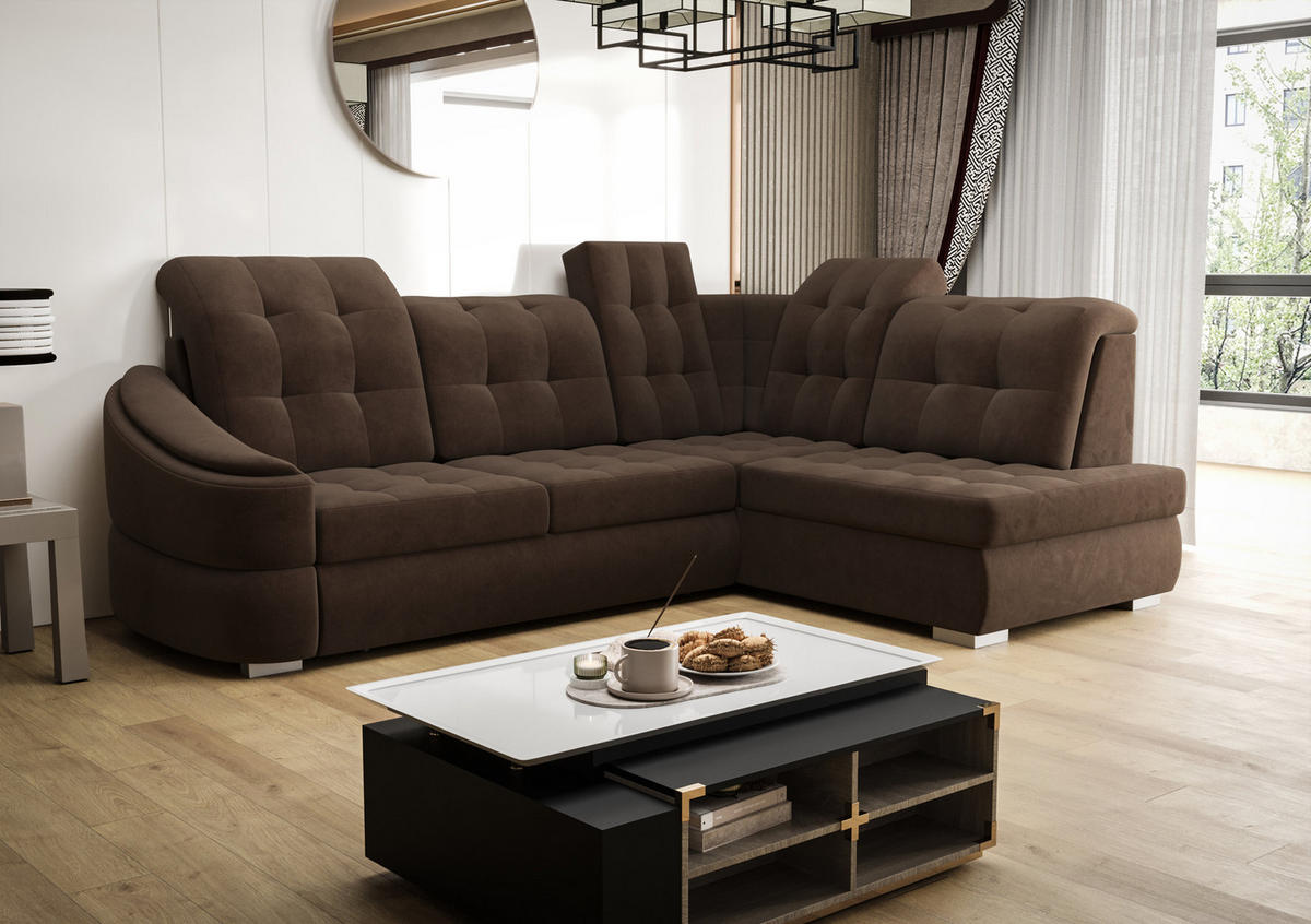 ECKSOFA KONGO RBN09, Eckcouch in L-Form mit Schlaffunktion, Farbe: Dunkelbraun, Velourstoff, Ottomane Rechts - Dunkelbraun, Textil (260/180cm) - O-Sofa