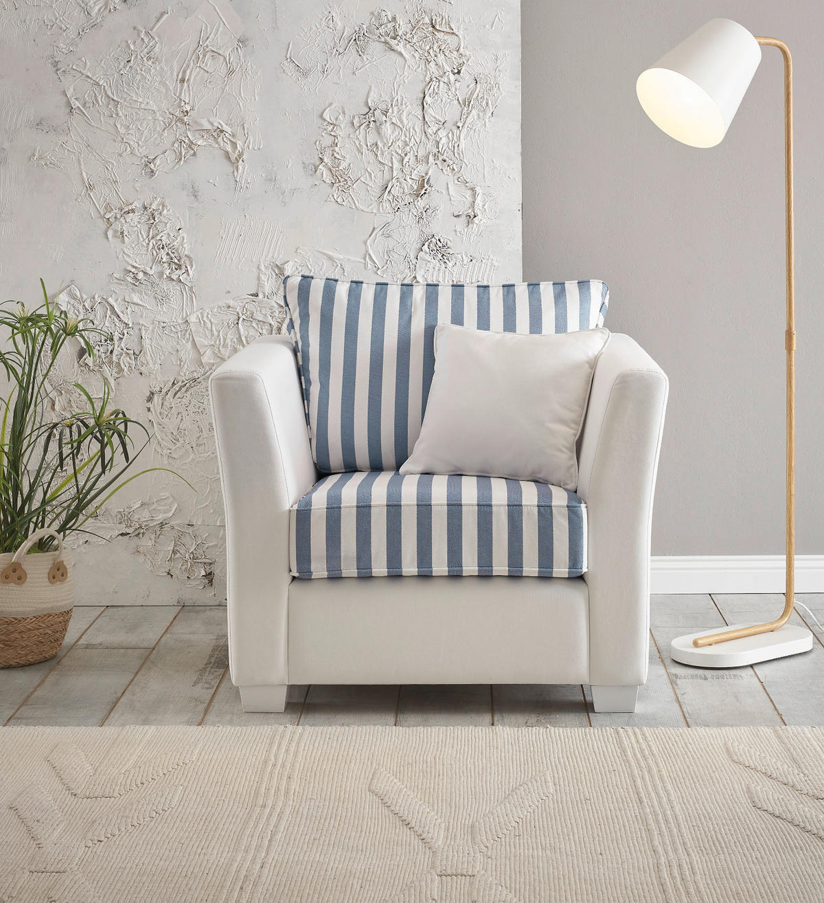 SESSEL creme blau gestreift, Landhaus 95 cm, Loungesessel für das Wohnzimmer inklusive Kissen - Blau/Creme, Holz/Textil (95/88/96cm) - Furn.Design