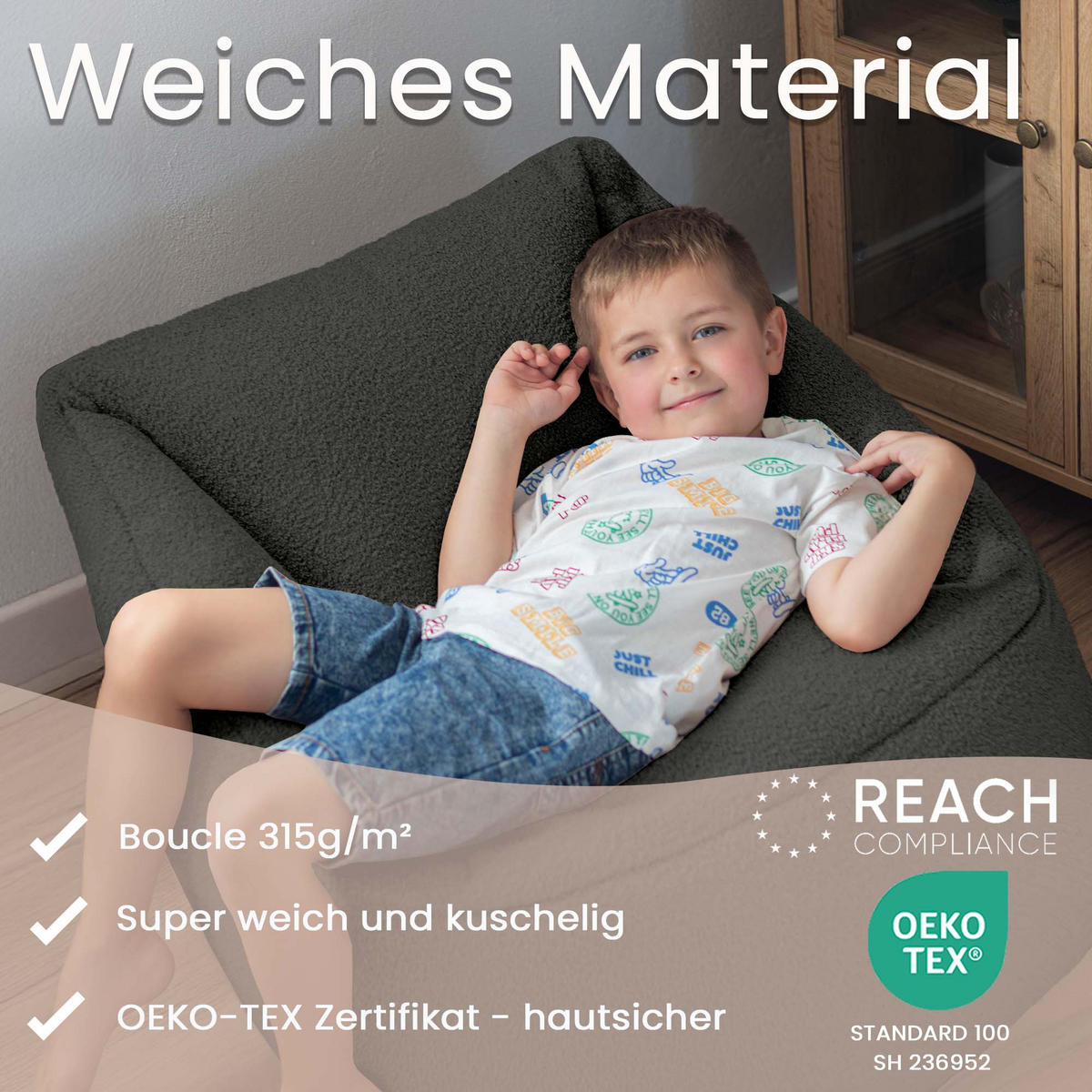 SITZSACK-SESSEL Bambino 55/60/55 cm, weicher Cord 380 g/m², mit Griff & Seitentasche, Dunkelgrau - Dunkelgrau, Textil (55/55/60cm) - Dreamroots