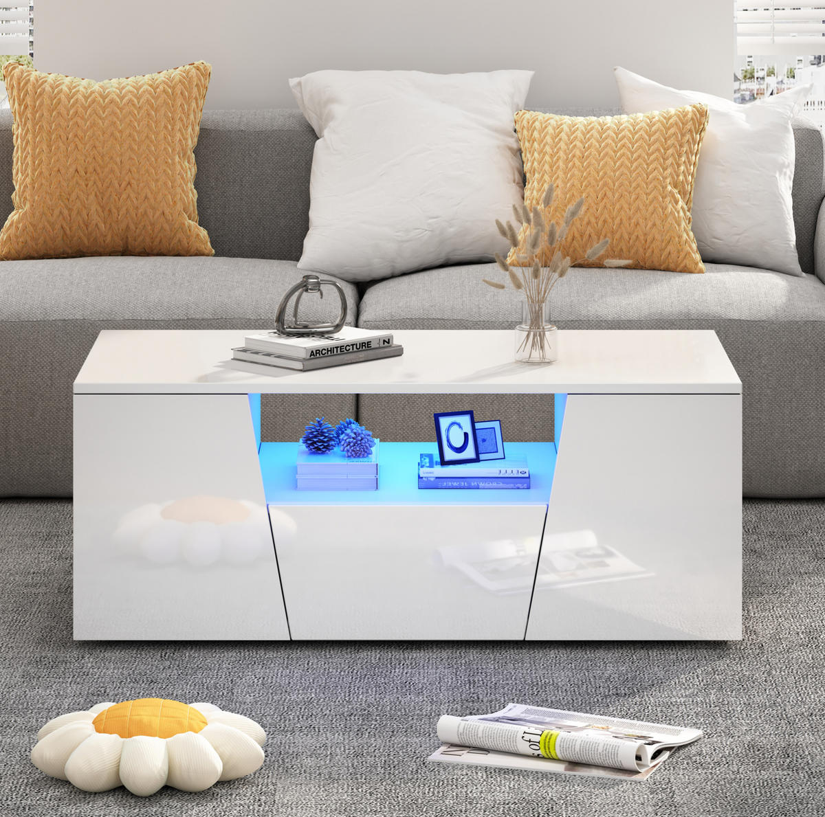 COUCHTISCH aus Spanplatte 100x50x40 cm in Weiß mit LED-Beleuchtung - Weiß, Holzwerkstoff (100/50/40cm) - Modfu