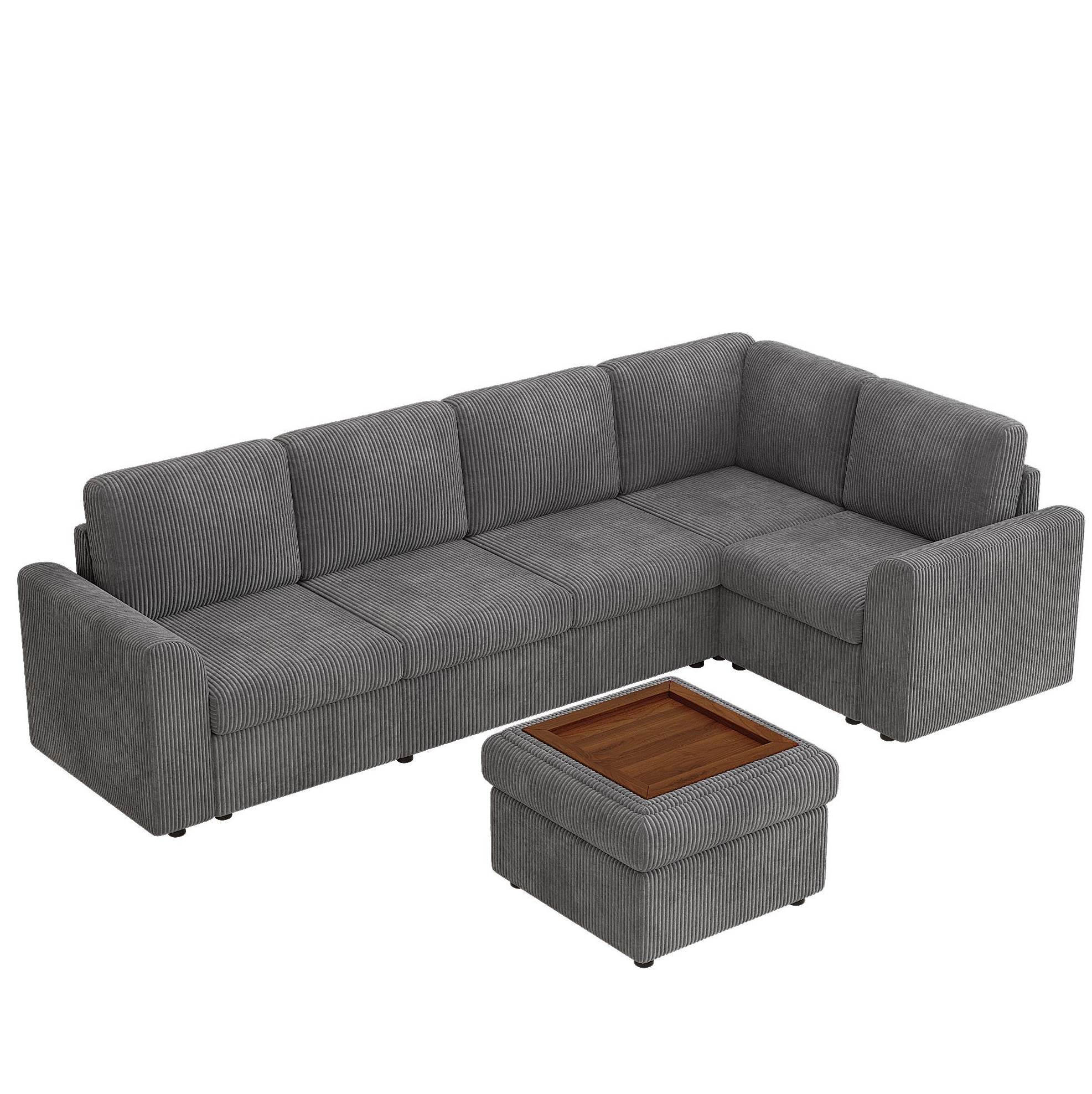 ECKSOFA 282/153/85 cm grau aus Cord mit Schlaffunktion und Hocker - Grau, Textil (153/282cm) - OKWISH