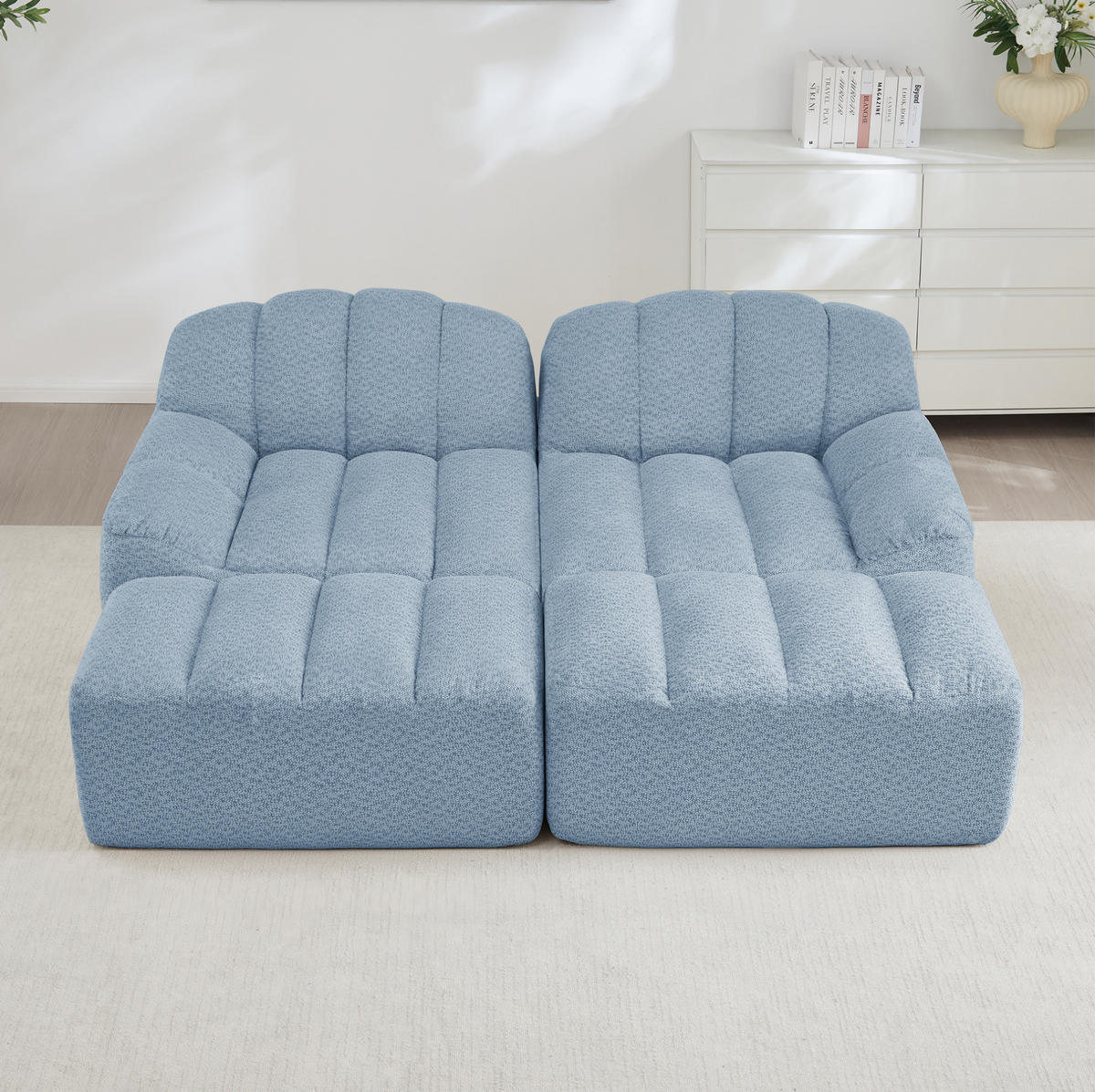 SOFA 210/165/79 cm in Blau aus Fleece mit Ottoman - Blau, Textil (165/79/210cm) - Flora Grace
