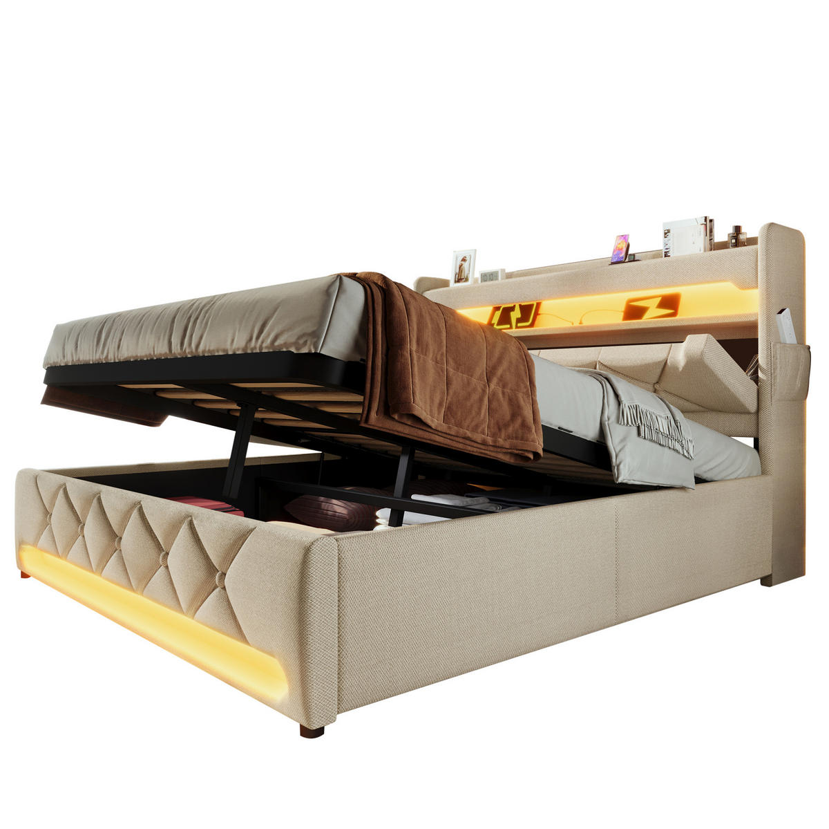 POLSTERBETT 180/200 cm Beige aus Leinen mit Stauraum, LED und USB - Beige, Textil (180/200cm) - Flora Grace