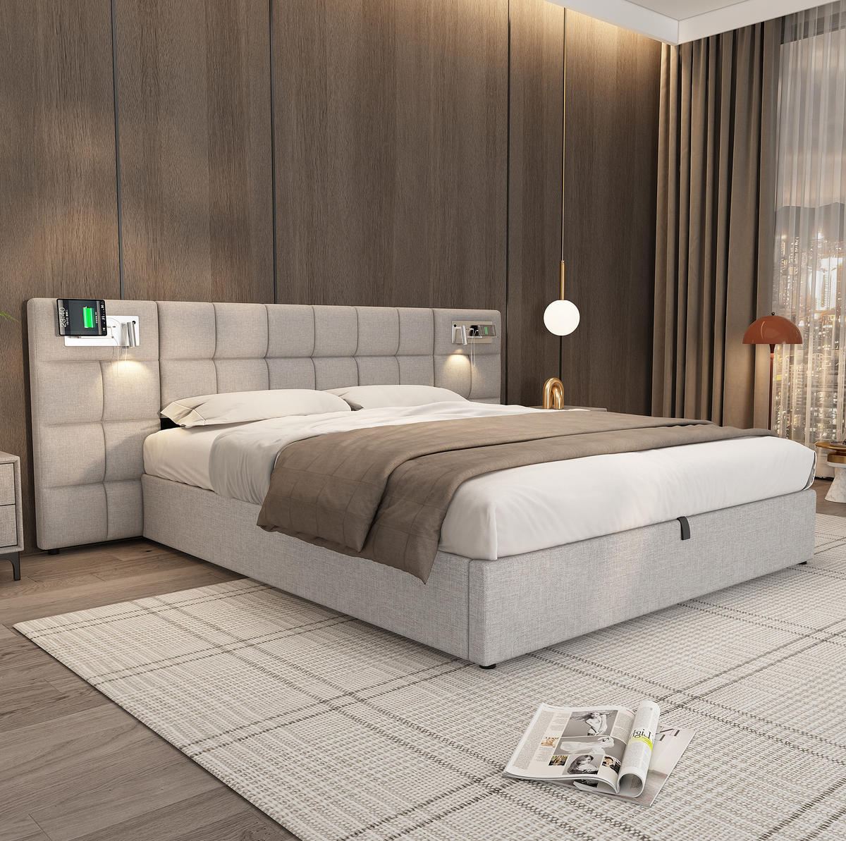 POLSTERBETT 180/200 cm Grau mit Stauraum und USB-Anschluss - Grau, Textil (180/200cm) - OKWISH