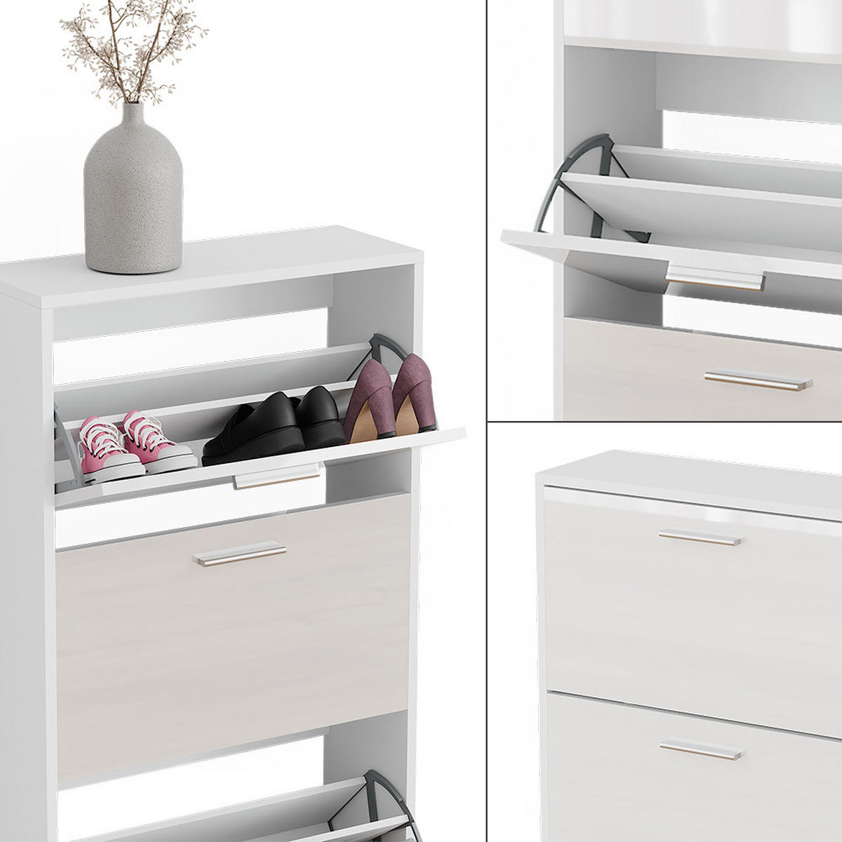 SCHUHKIPPER Gizmo Weiß/Weiß Hochglanz 59 x 137 cm mit 4 Fächern - Weiß Hochglanz, Holzwerkstoff (59/137/22cm) - Vicco