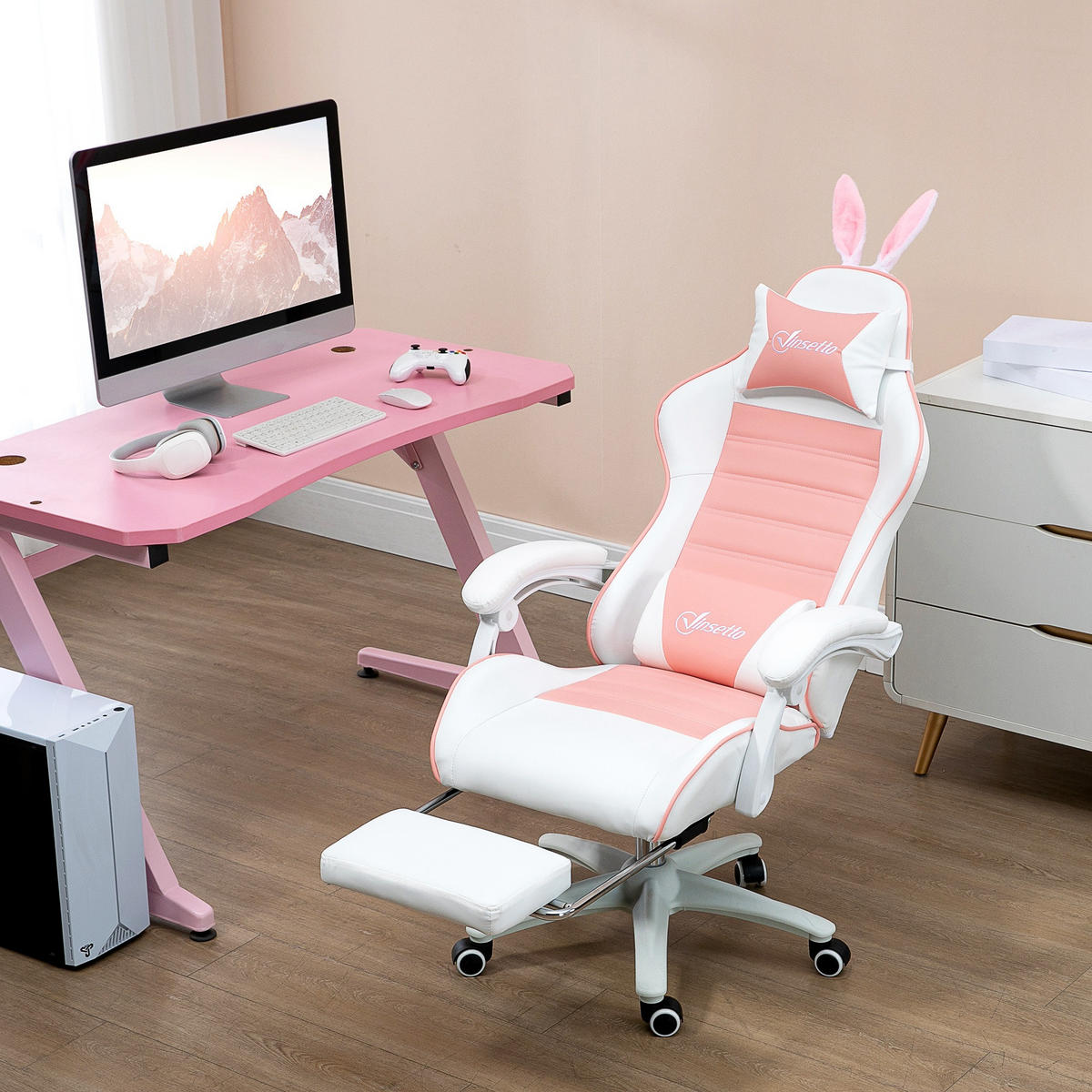 GAMING-STUHL Ergonomischer Gamer Stuhl mit Lendenwirbelstütze, Rosa - Rosa, Kunststoff (63/142/65cm) - Vinsetto