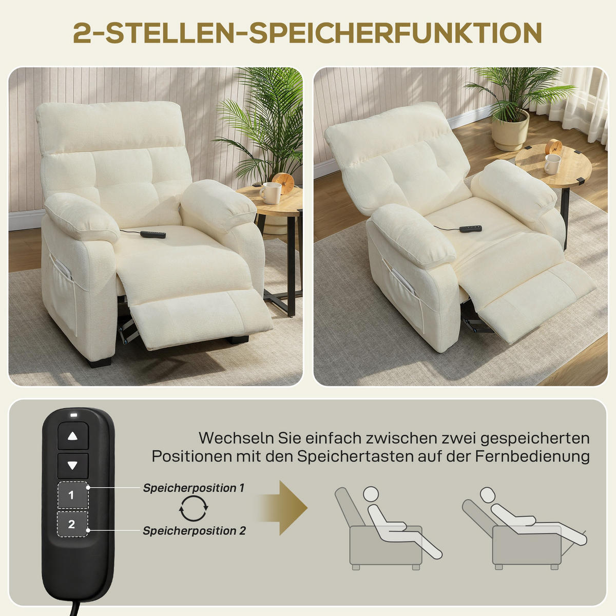 ELEKTRISCHER-RELAXSESSEL Samt 100 Prozent Polyester Metall Weiß - Schwarz/Weiß, Textil/Metall (90/105/96cm) - HOMCOM