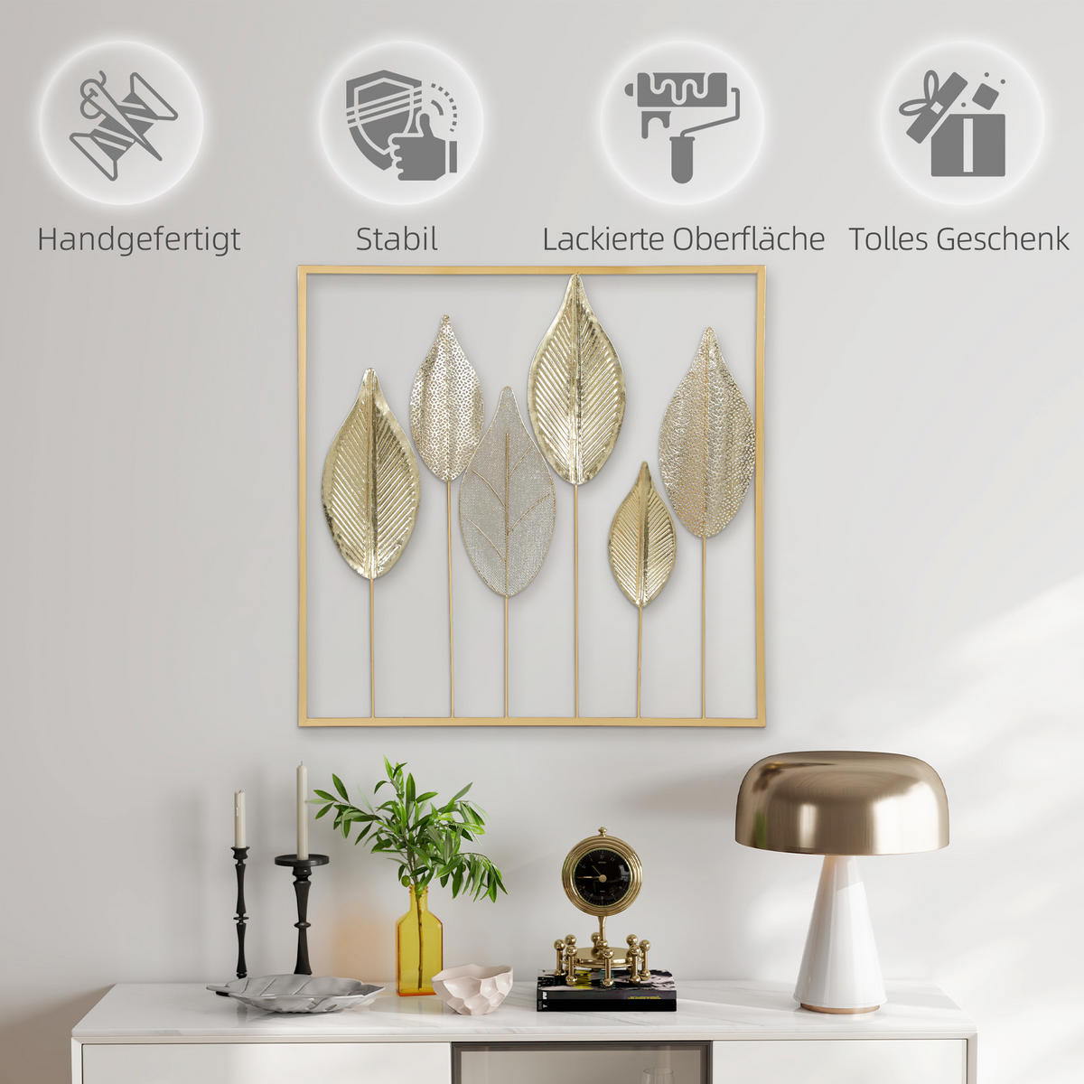 WANDDEKO Luxuriöse Wandbild Metallbild Wandskulptur mit Blattdesign Gold - Goldfarben, Metall (2.5/70/70cm) - HOMCOM