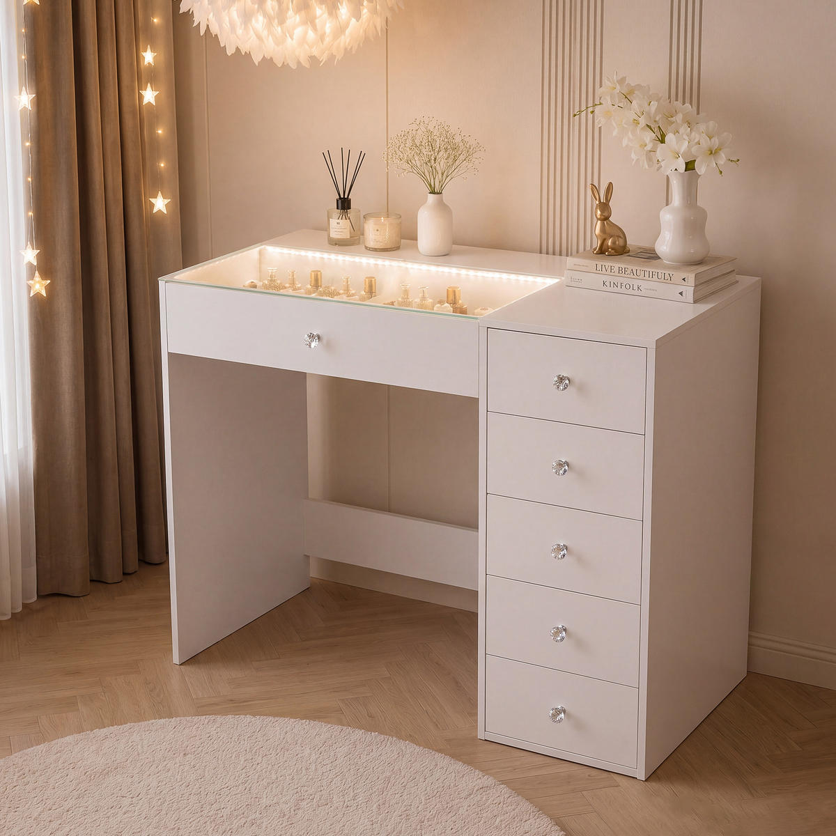 SCHMINKTISCH mit Beleuchtung 6 Schubladen Weiβ 92/55/81CM - Weiß, Holz/Metall (92/55/81cm) - VANITII