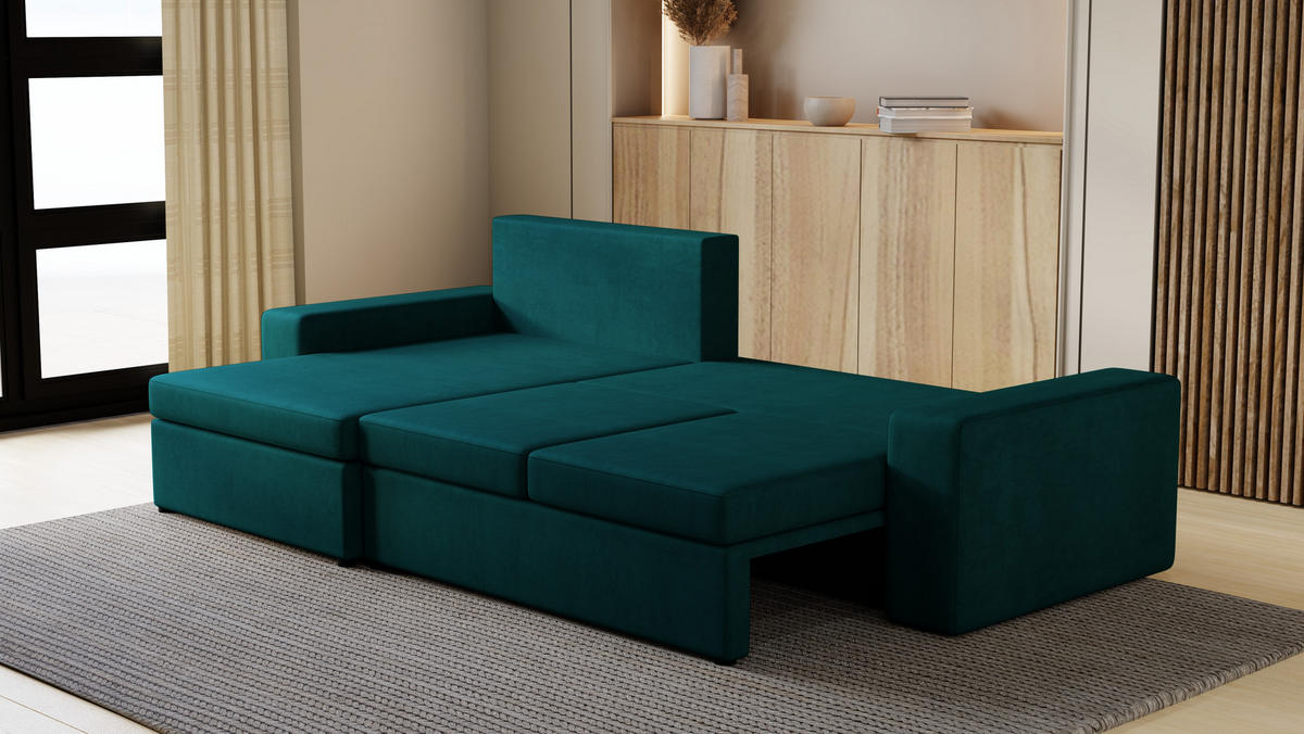 ECKSOFA Paco mit Bettkasten und Schlaffunktion, L-Form/XL-Form, Velourstoff, Universal - Türkis, Holzwerkstoff (276/145cm) - 4ALL HOME