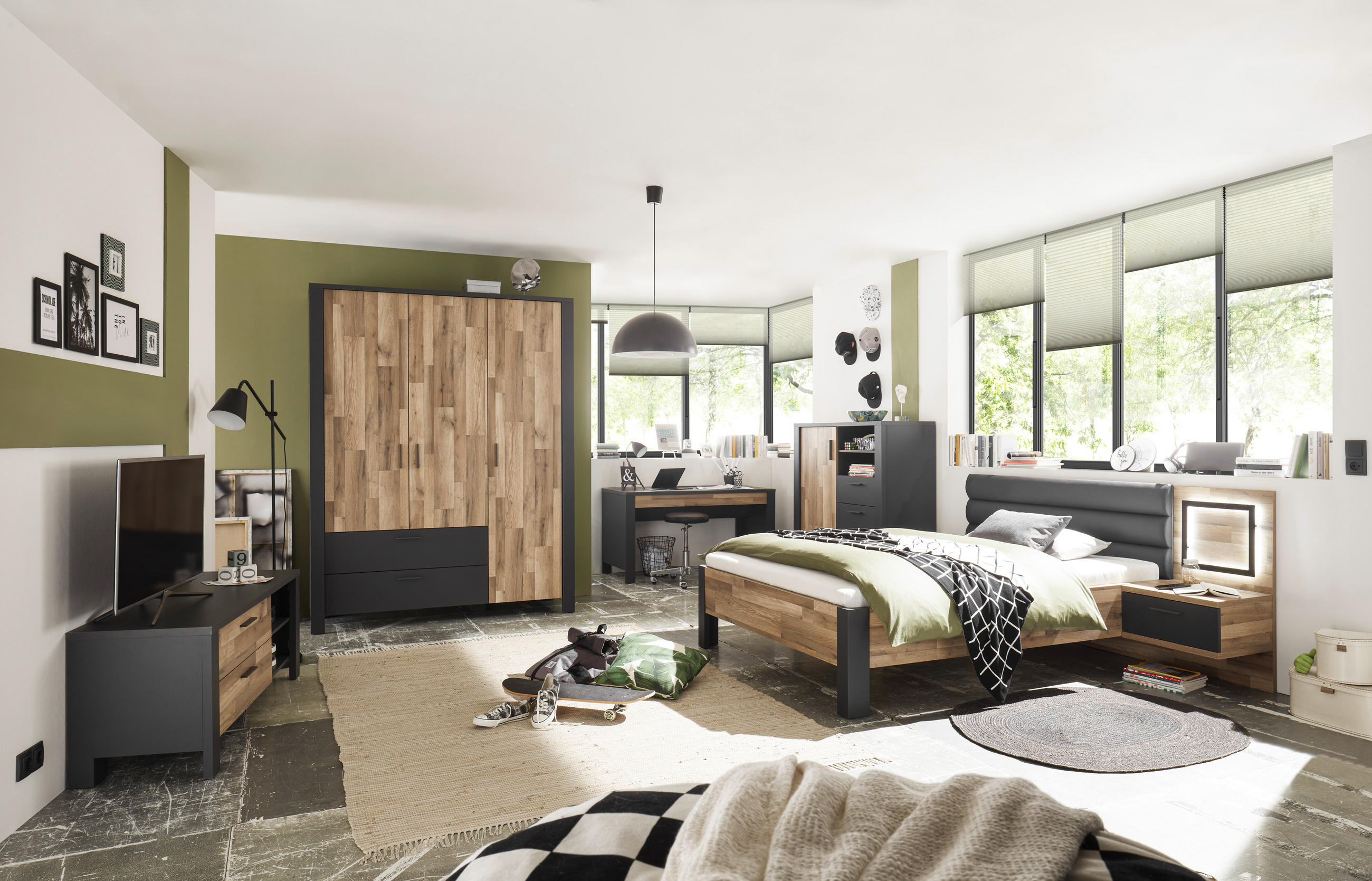 JUGENDZIMMER Dallas in Graphit und Montana Oak 6 teiliges Komplett Set - Braun/Grau, Holzwerkstoff (120/200/80cm)