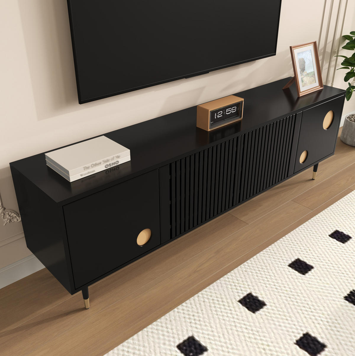 TV-SCHRANK in Schwarz mit 4 Türen, Gitterfront und Golddetails 170/36/54 cm - Schwarz, Holzwerkstoff (170/54/36cm) - Redom