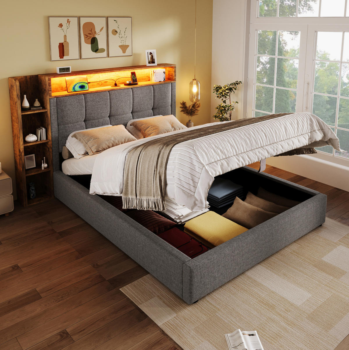 POLSTERBETT 90/200 cm Grau mit Stauraum, LED-Beleuchtung und USB-Anschlüssen - Grau, Textil (90/200cm) - Flora Grace