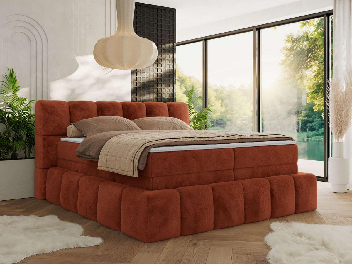 BOXSPRINGBETT NIRA KING 120/200 Orange Plüsch - H3 - Orange, Holz/Textil (120/200cm) - MKS