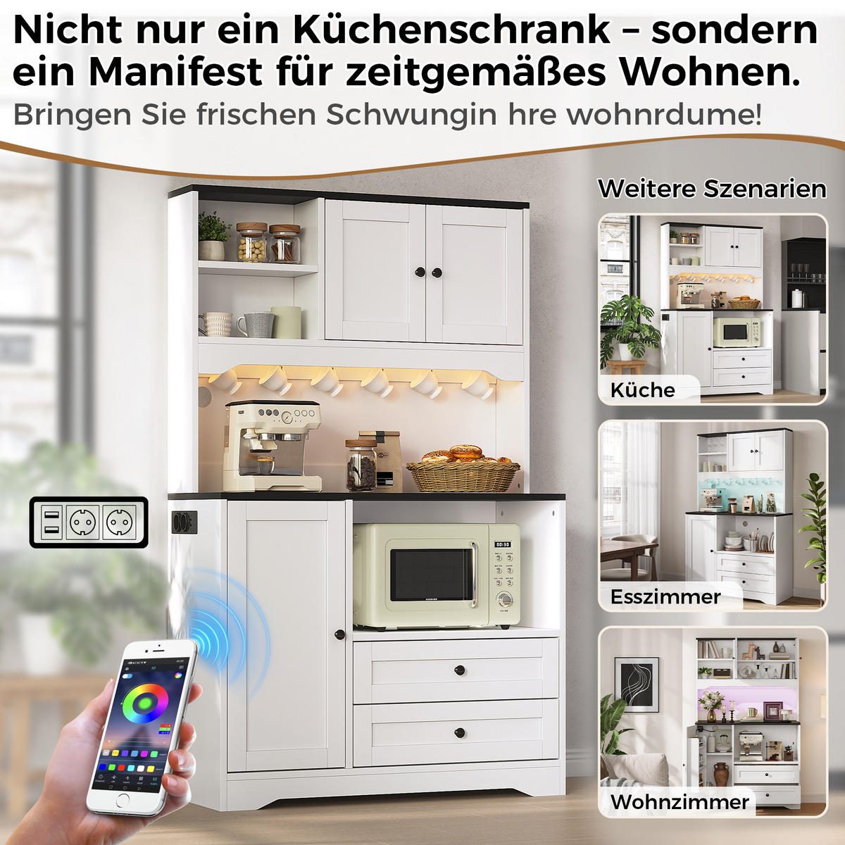 BUFFET DE-38741 100/40/163 cm LED-Beleuchtung und Mikrowellenfach Weiß - Weiß, Holzwerkstoff (100/163/40cm) - ComfortXL