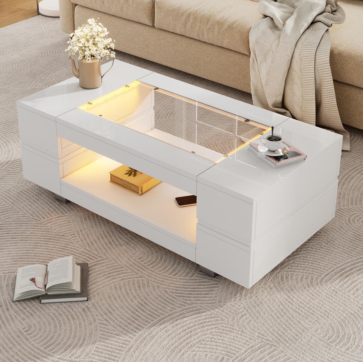 COUCHTISCH mit LED 100 x 50 x 35 cm Weiß mit Stauraum - Weiß, Holzwerkstoff (100/50/35cm) - Meubliv